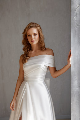 Satin A-Line Wedding Dress with Bow and Slit
