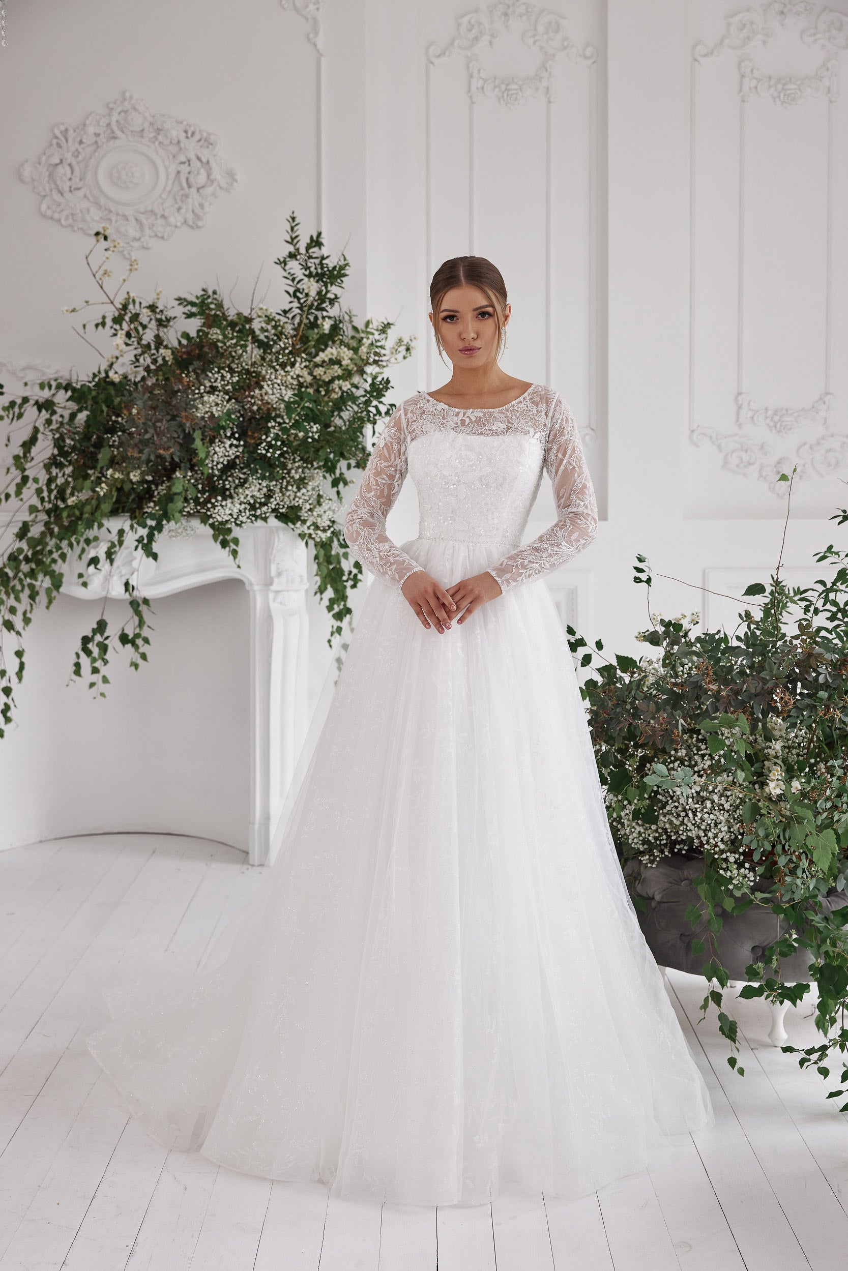 A-Line Wedding Dress with Illusion Lace Long Sleeves
