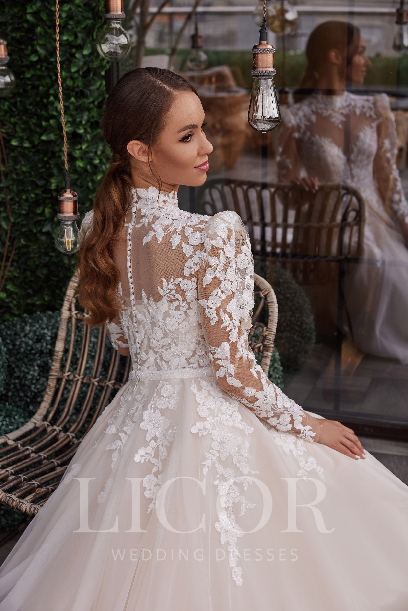Ball Gown Wedding Dress With Lace Appliqués, High Illusion Neckline, Long Lace Sleeves, Tulle Skirt, Illusion Back, Cathedral Train