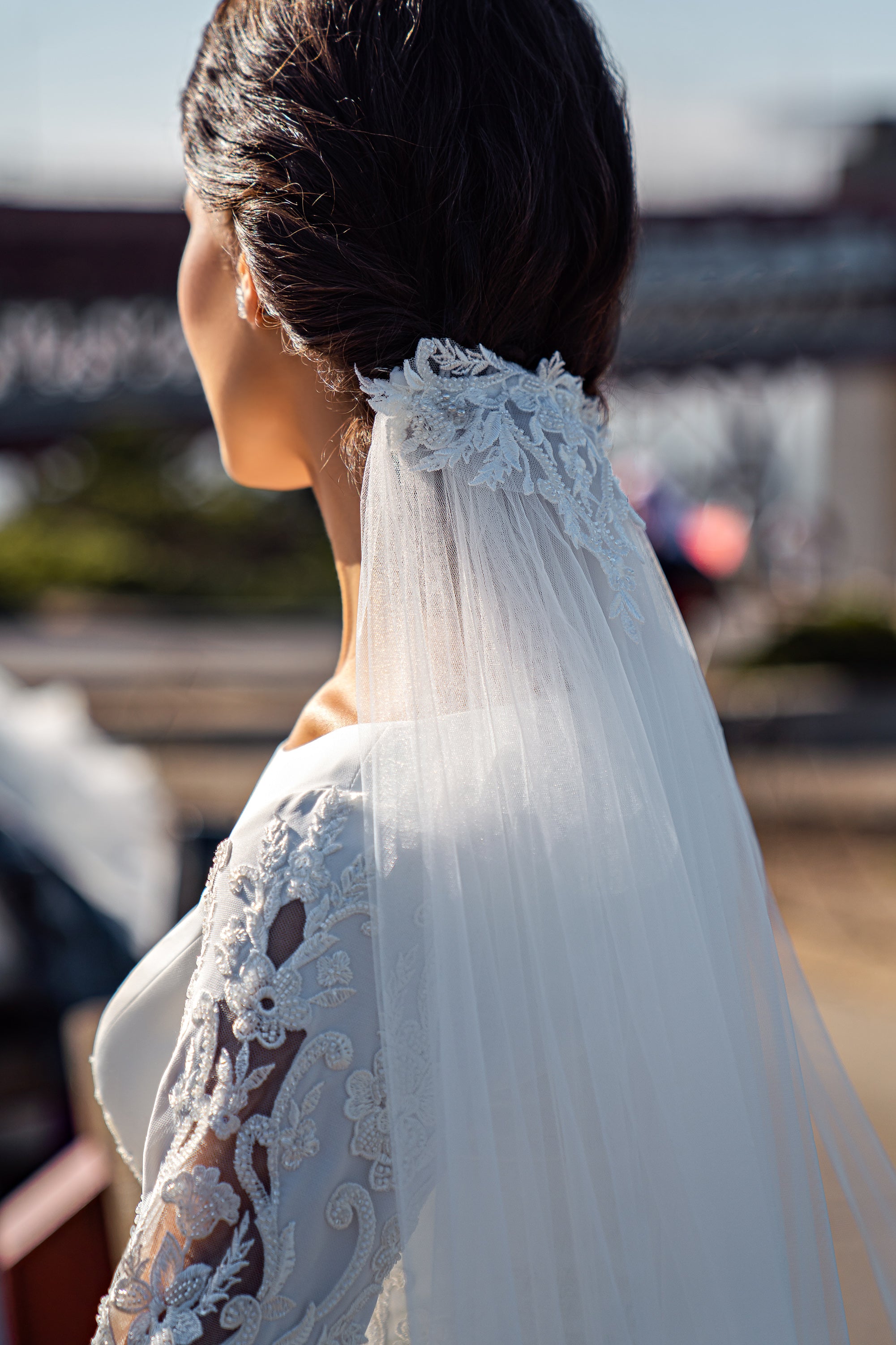 Sheath Wedding Dress with Long Lace Sleeves and Detachable Overskirt
