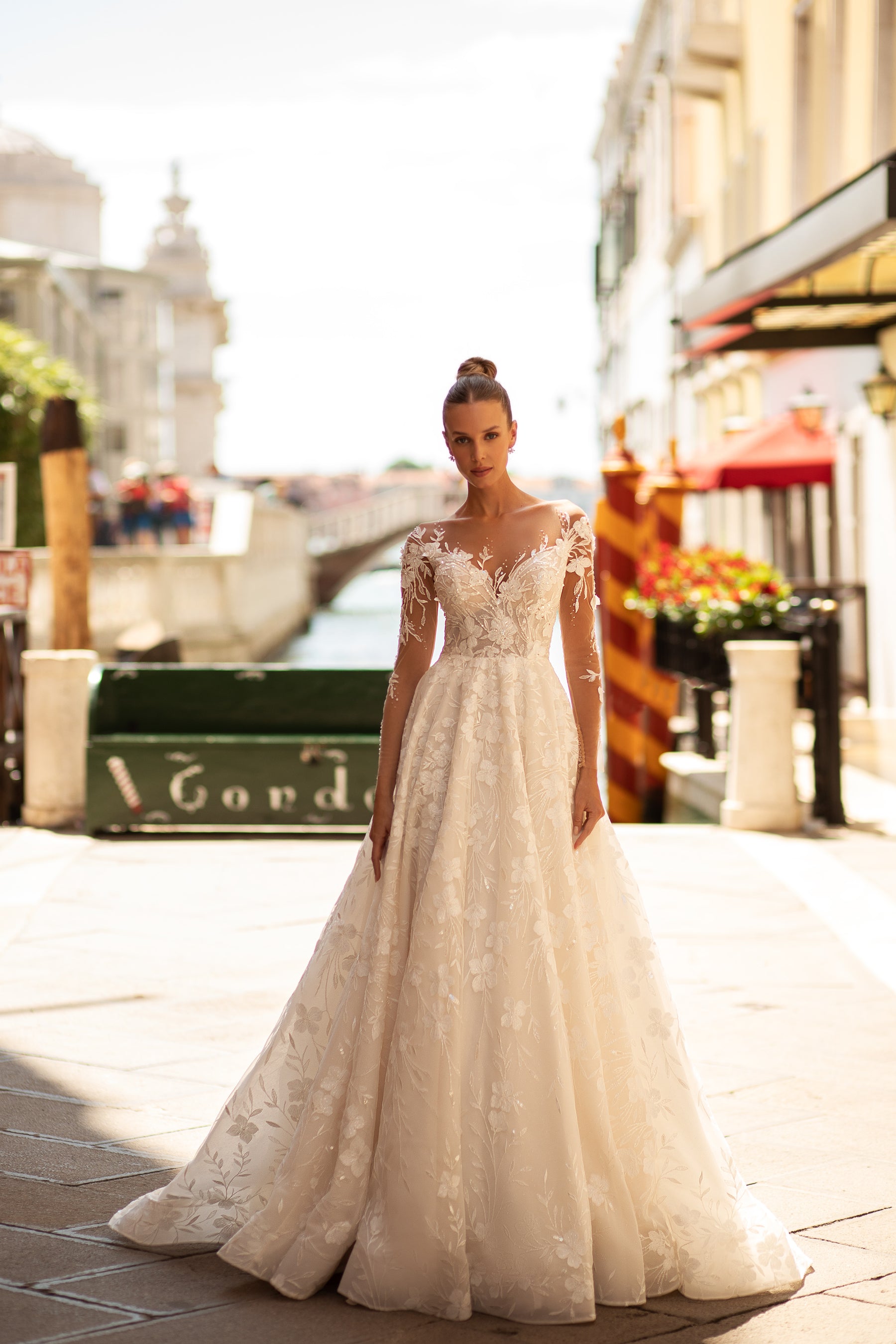 V-Neck A-Line Lace Bridal Dress with Long Lace Sleeves and Buttons Back