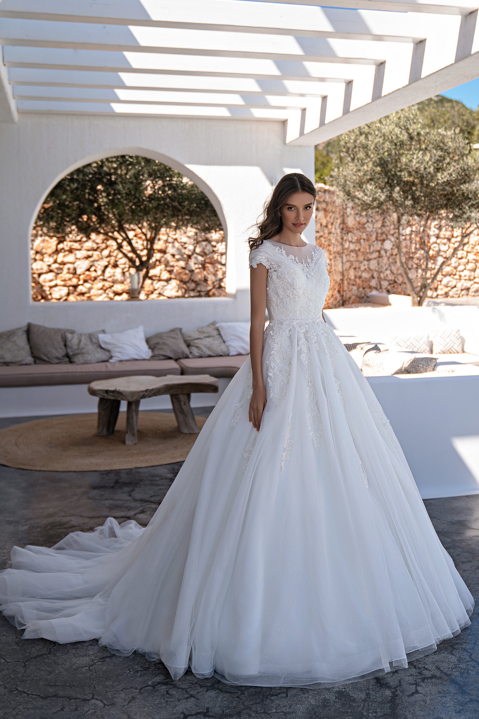 Romantic Princess Wedding Dress with Detachable Skirt & Train, Boat Neckline, Crystal Embroidery & Tulle Sparkle