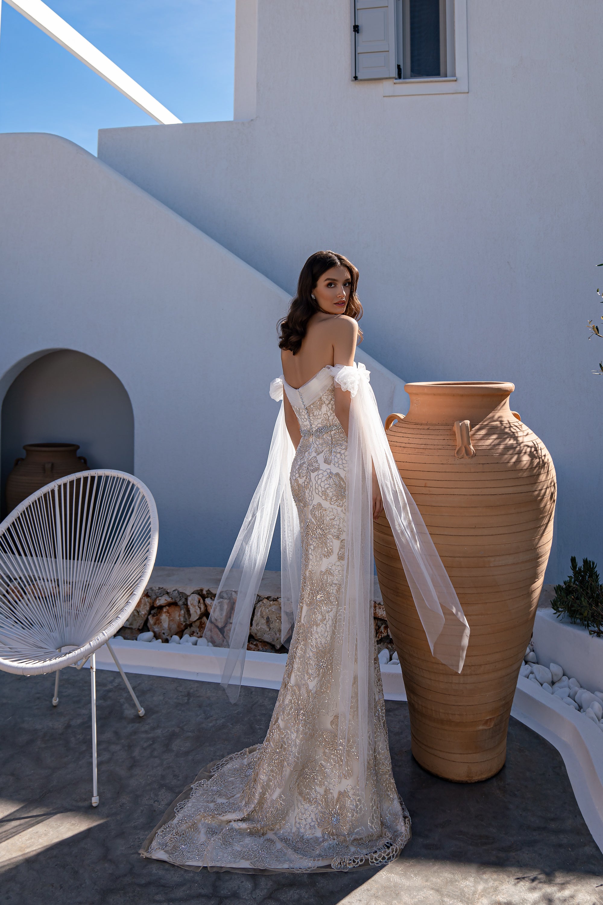 Champagne Beaded Sheath Wedding Dress with Tulle Bow Sleeves