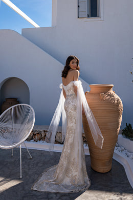 Champagne Beaded Sheath Wedding Dress with Tulle Bow Sleeves