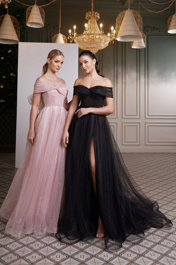 Off-Shoulder Prom Dress with Glitter Fabric and Bow Back