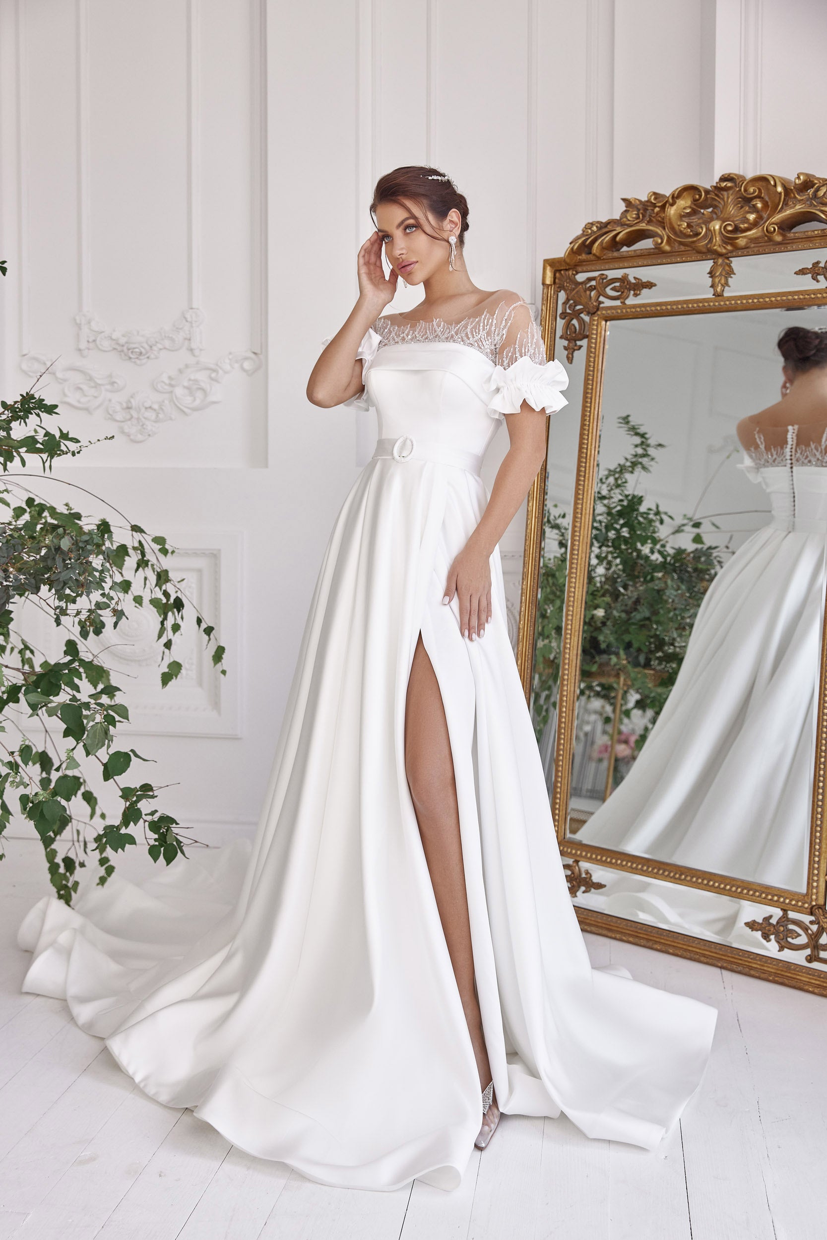 A-Line Wedding Dress with Illusion Neckline and Ruffle Sleeves