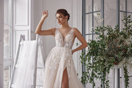 A-Line Wedding Dress with Floral Lace Appliqués and Slit