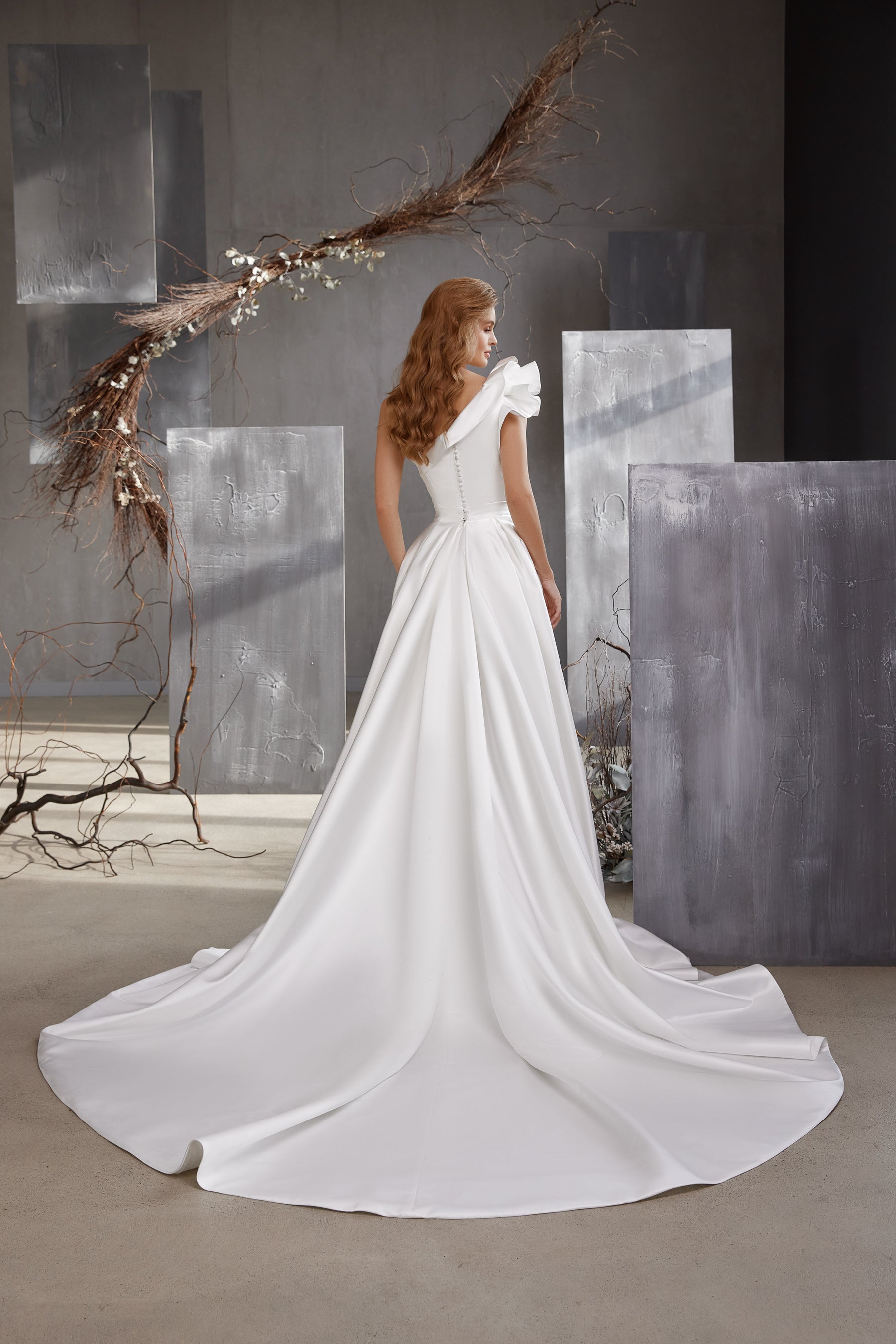 Satin A-Line Wedding Dress with One-Shoulder Ruffle