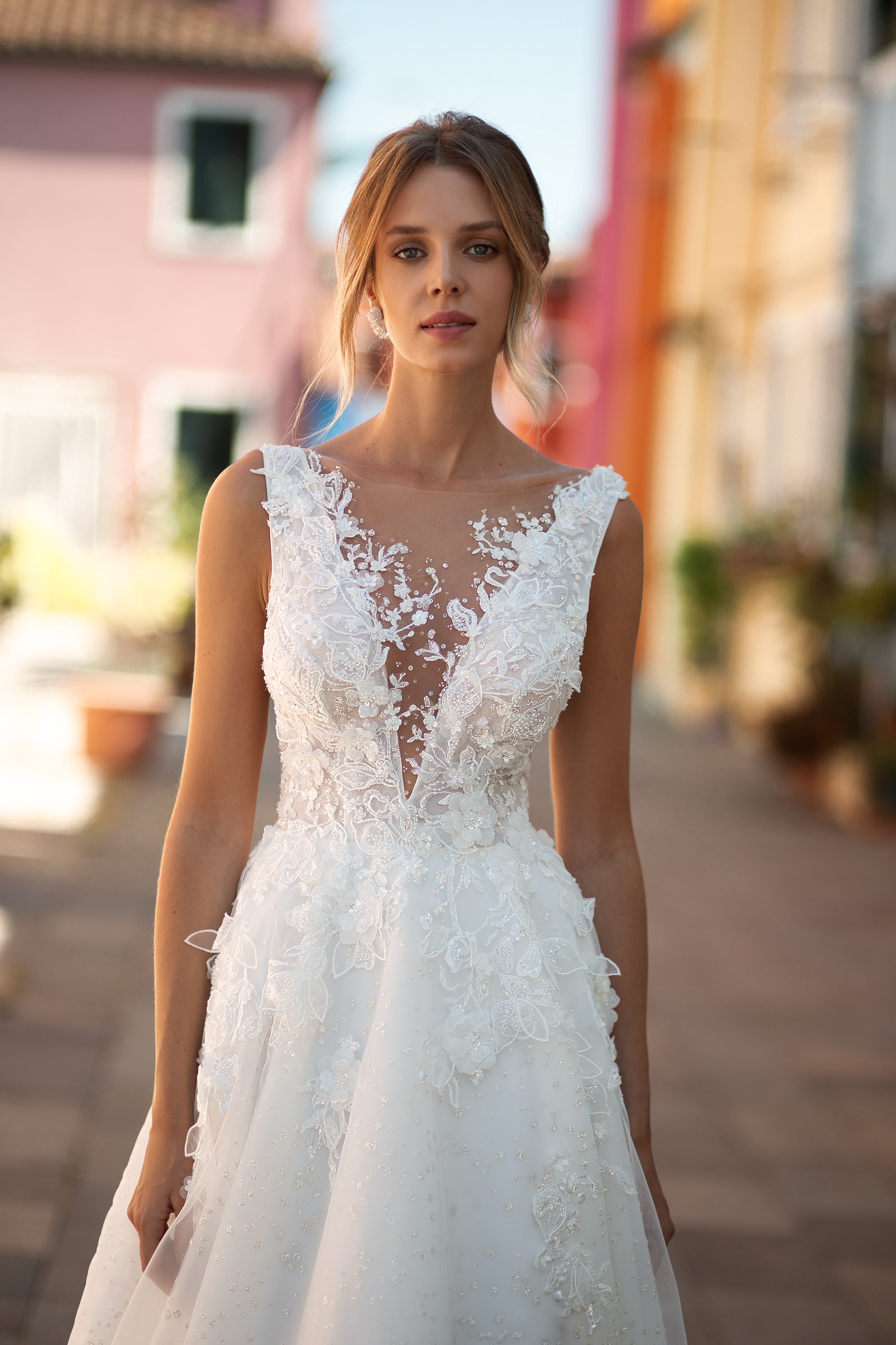 A-Line Wedding Gown with Beaded Deep V-Neck, 3D Lace, and Open Back Tulle