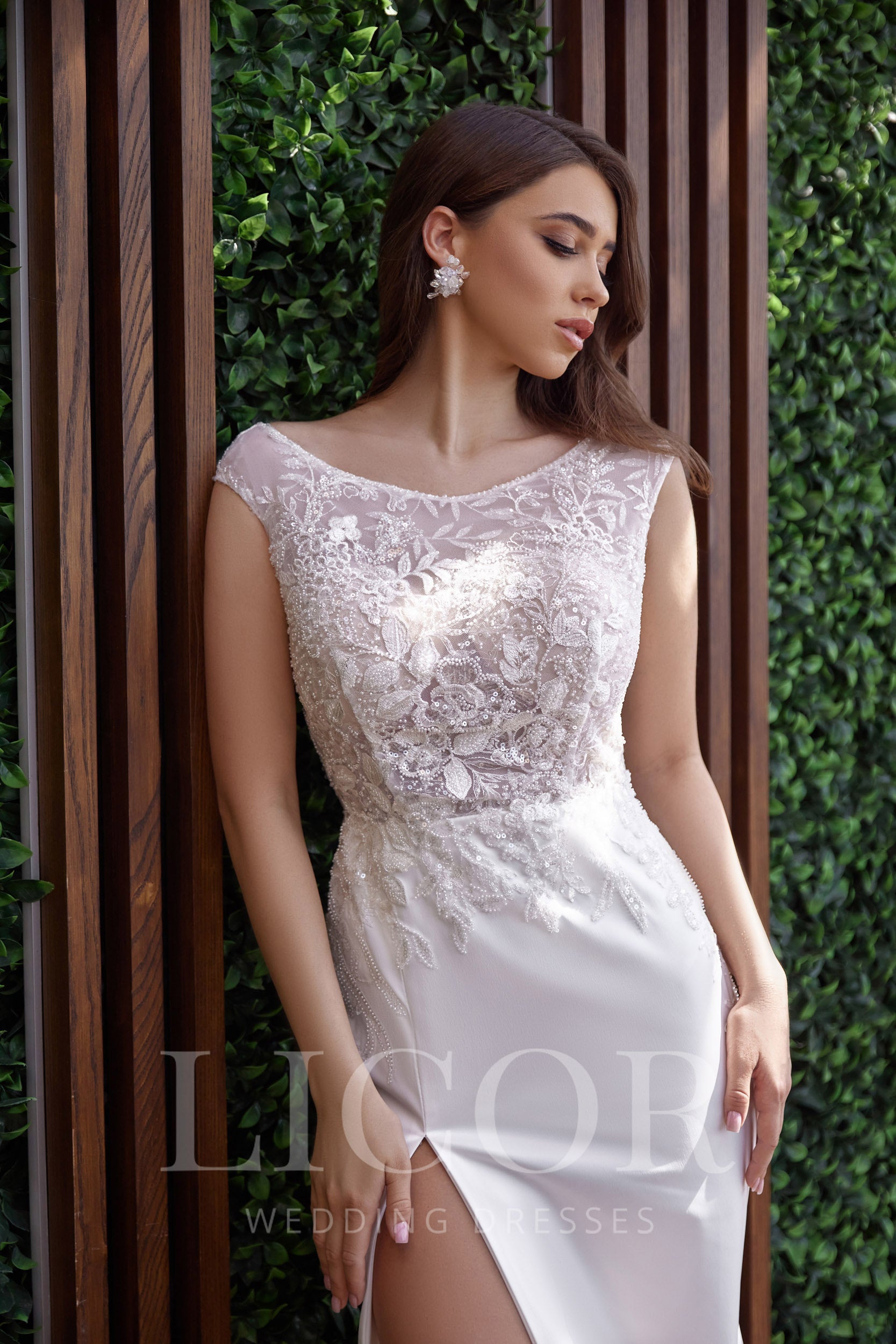 Romantic Sheath Satin Wedding Dress With Floral Lace Appliqués, Illusion Cap Sleeves, Front Slit And Sweep Train