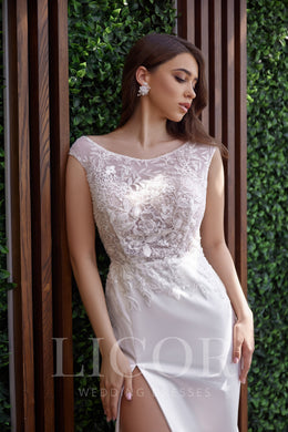 Romantic Sheath Satin Wedding Dress With Floral Lace Appliqués, Illusion Cap Sleeves, Front Slit And Sweep Train