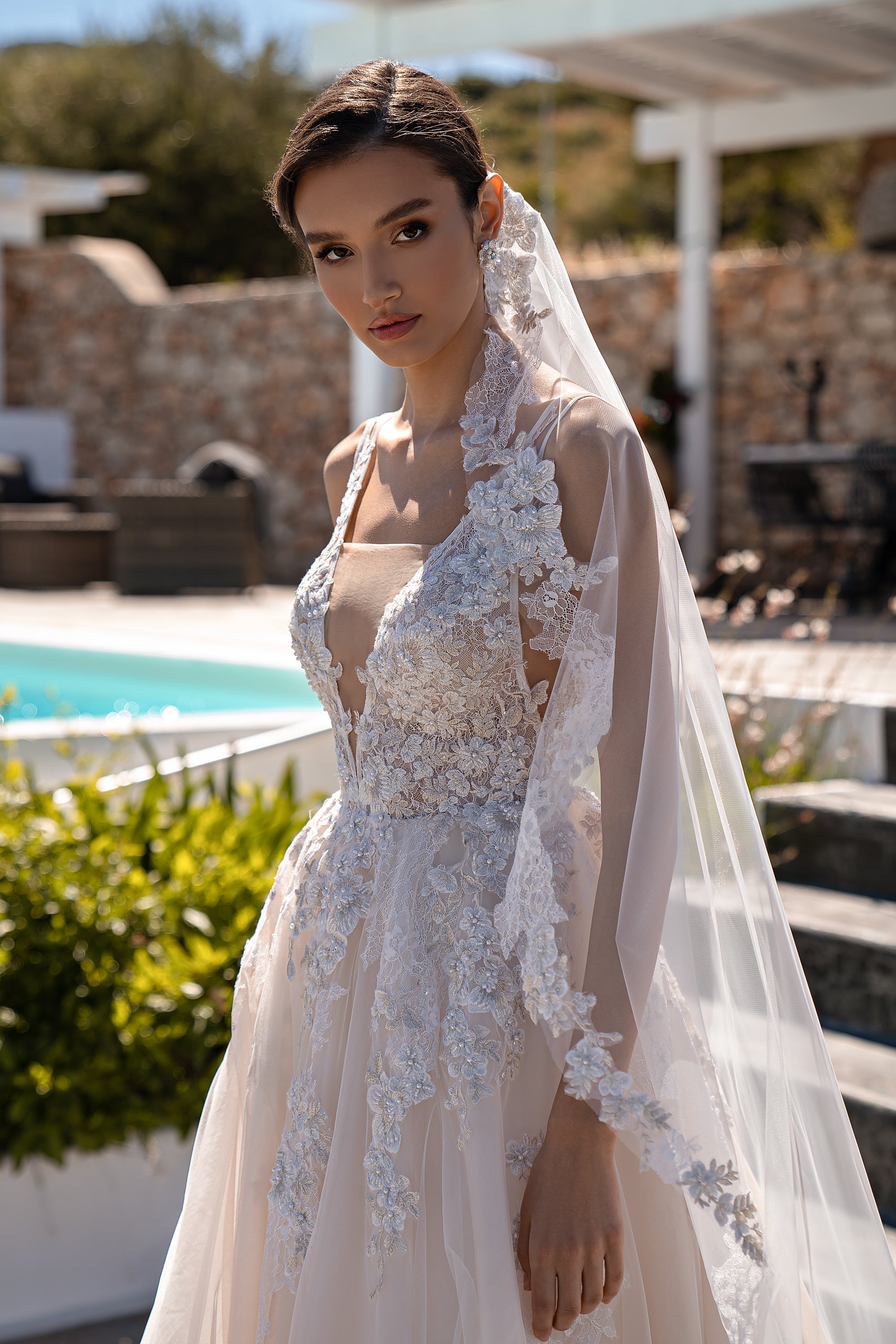 Floral Lace A-Line Wedding Dress with Plunging V-Neck and Open Back