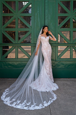 Sheath Wedding Dress with Long Lace Sleeves and Chapel Train