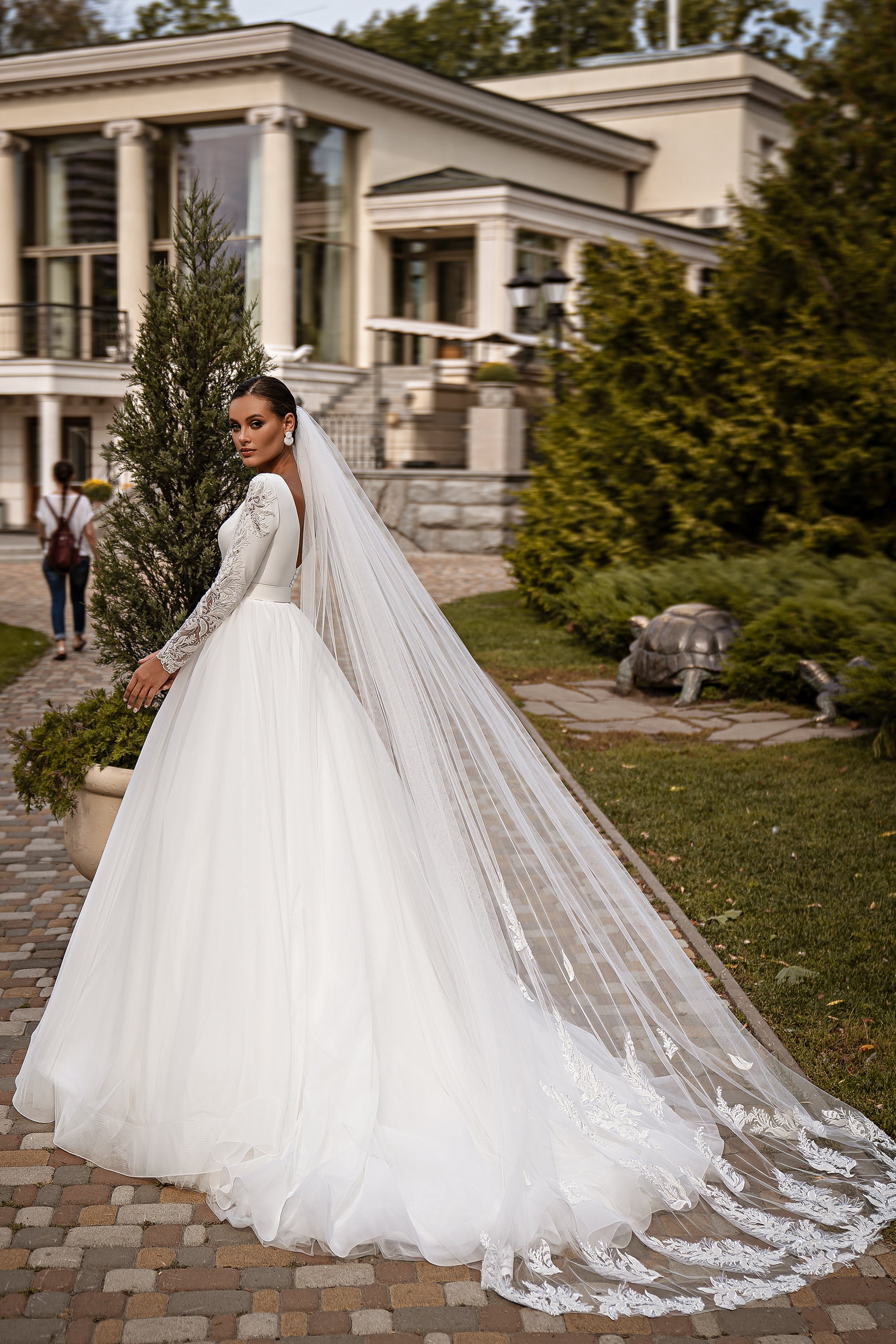 A-Line Wedding Dress with Plunging V-Neck and Beaded Lace Sleeves