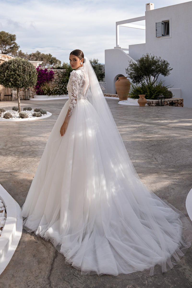2-in-1 Lace Long Sleeve Ball Gown Wedding Dress with Satin Overskirt