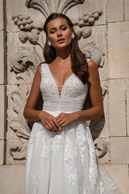 A-Line Wedding Dress with Plunging V-Neck and Floral Lace Appliqués