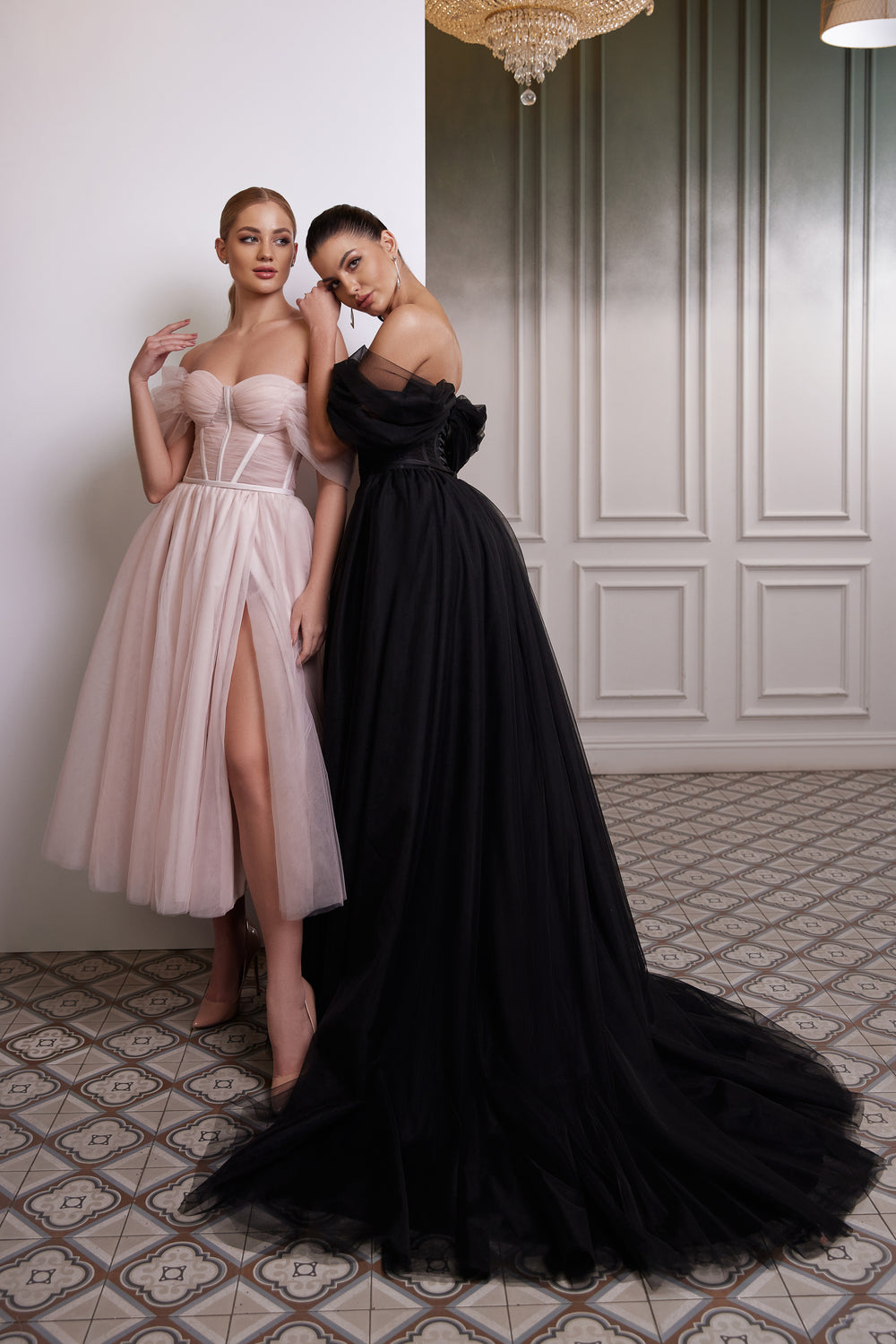 A-line Evening Dress with Off-the-Shoulder Tulle Sleeves
