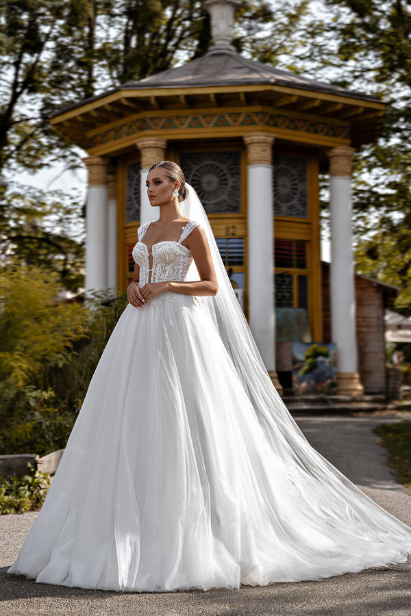 Women's Elegant Plunging Neckline Wedding Dress with Semi-Sheer Corset and Beaded Guipure Embellishments