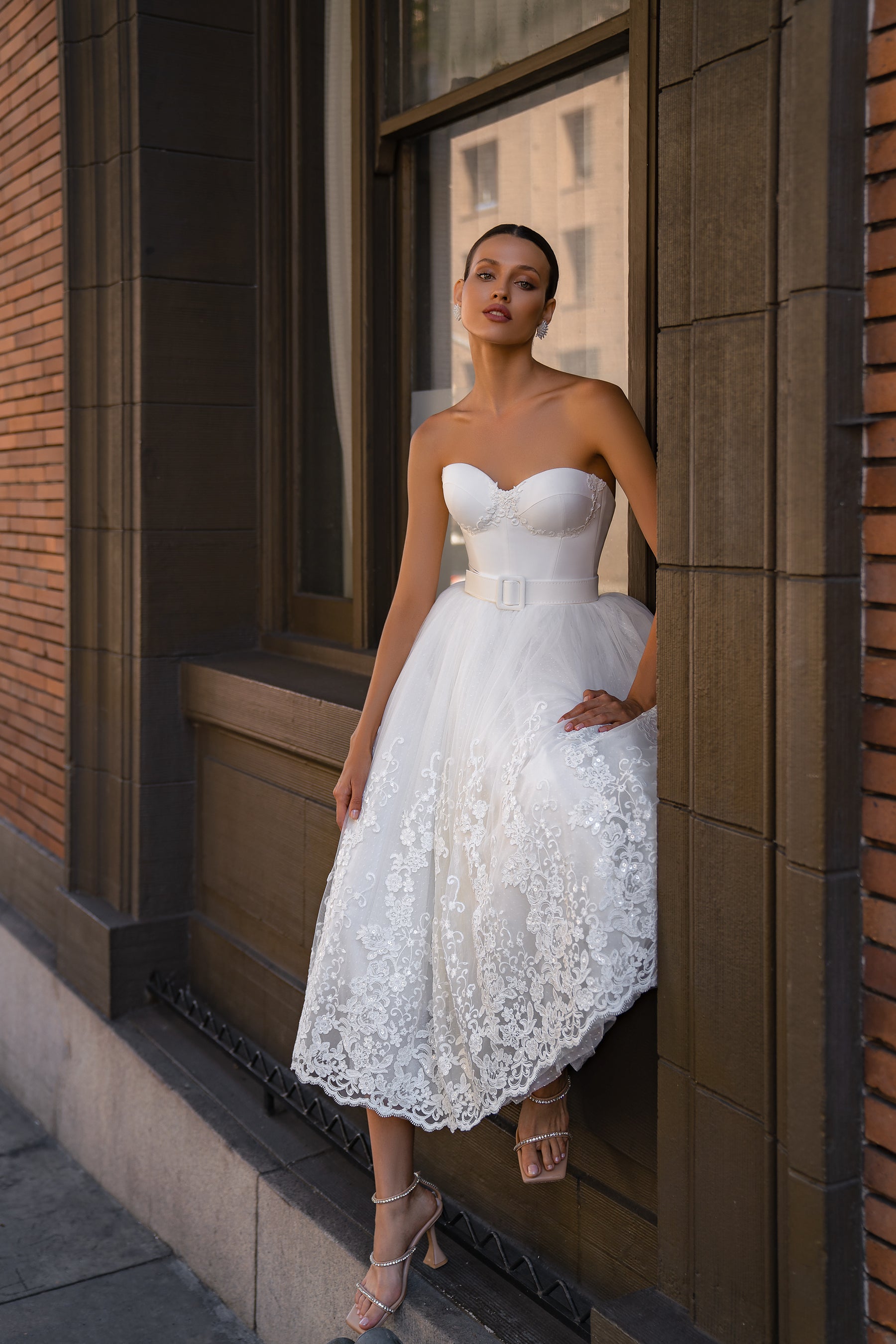 Tea Length A-Line Wedding Dress with Detachable Bolero