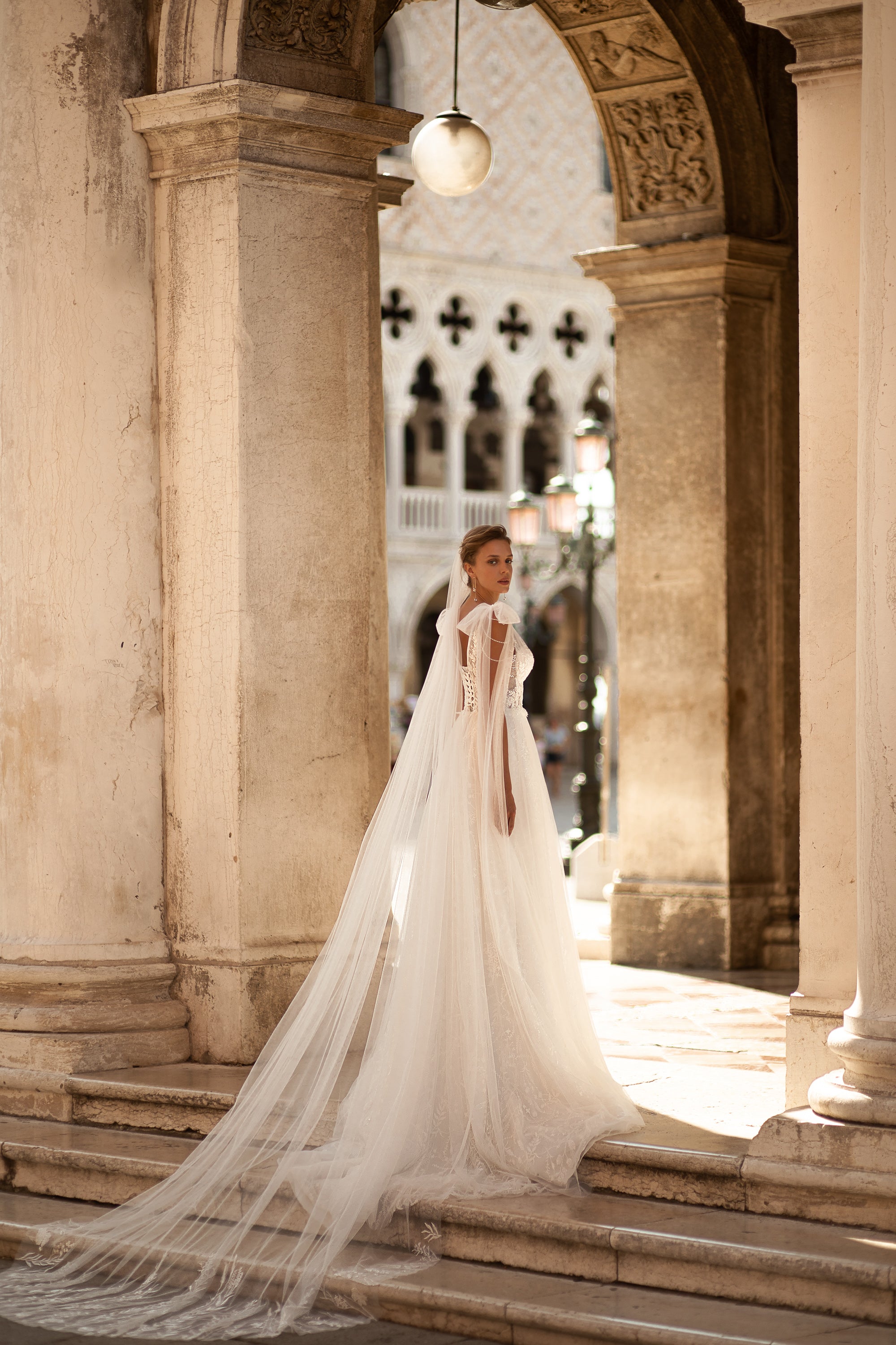 A-Line Bridal Gown with Tulle Fabric, Court Train, Beaded Lace, Decorated Shoulders, Low Back, and Corset Lacing Back