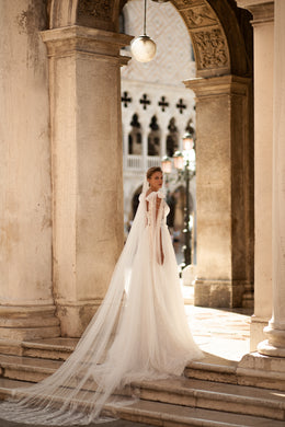 A-Line Bridal Gown with Tulle Fabric, Court Train, Beaded Lace, Decorated Shoulders, Low Back, and Corset Lacing Back