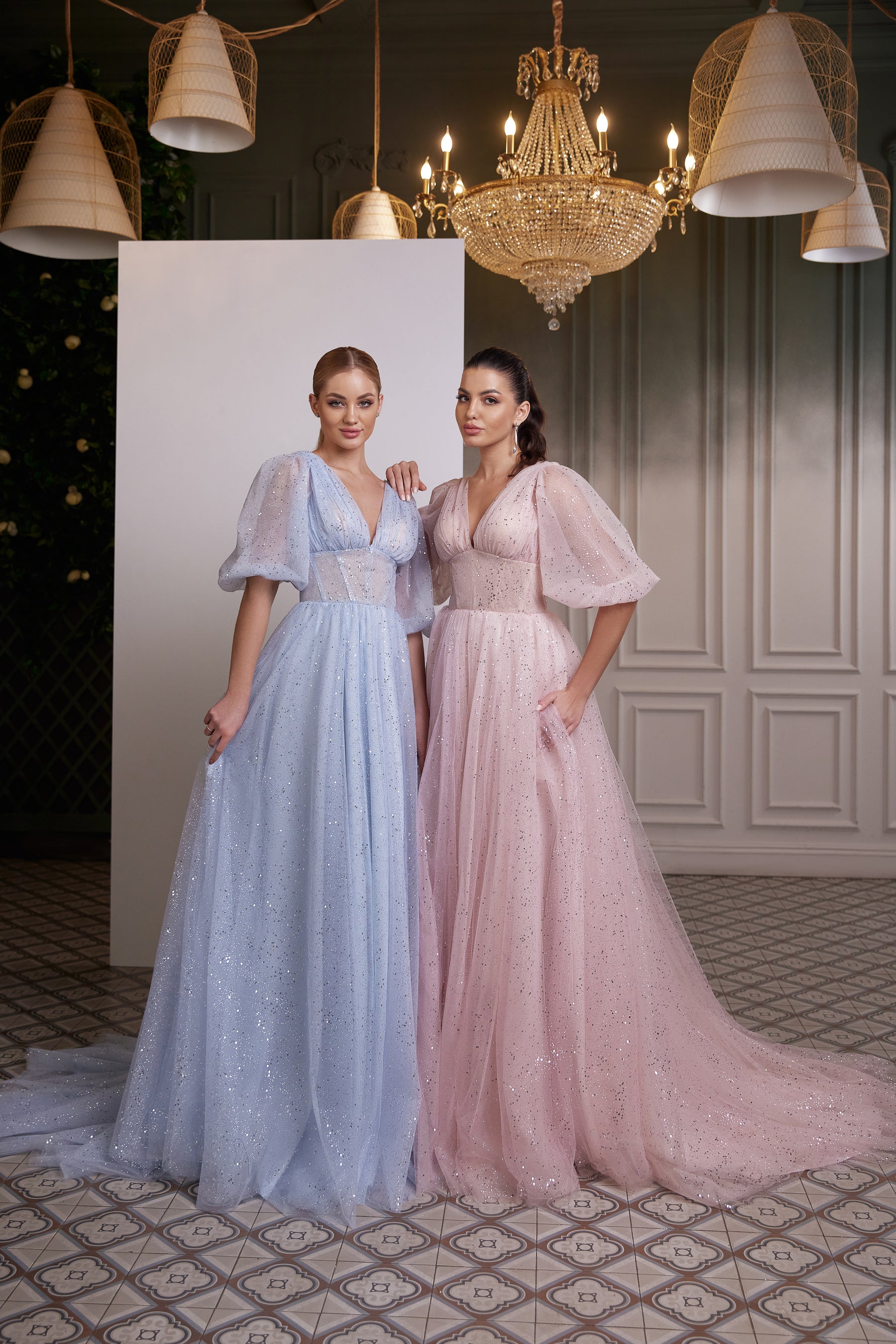 Women's Tulle Dress with Sequins Decoration and Lacing Back