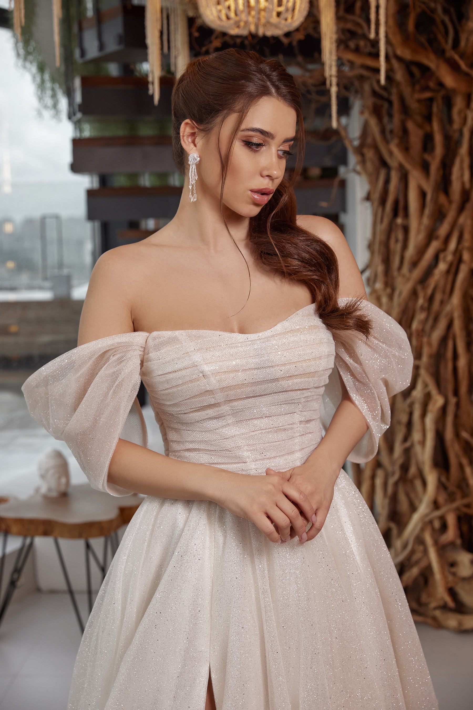 Ball Gown Wedding Dress With Off-the-Shoulder Neckline, Structured Bodice, Puff Sleeves, Sparkle Tulle Overlay