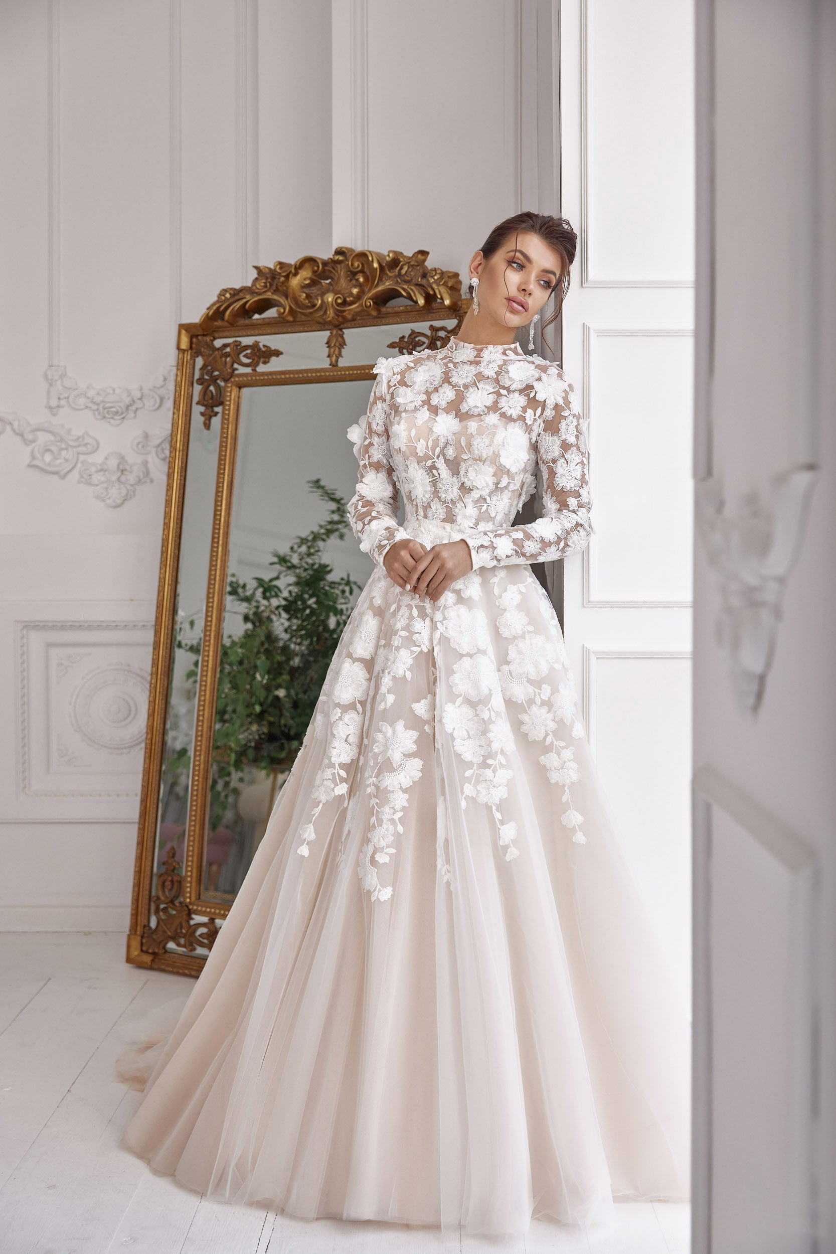 A-Line Wedding Dress with High Neck and 3D Floral Appliqués
