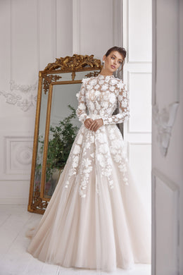 A-Line Wedding Dress with High Neck and 3D Floral Appliqués