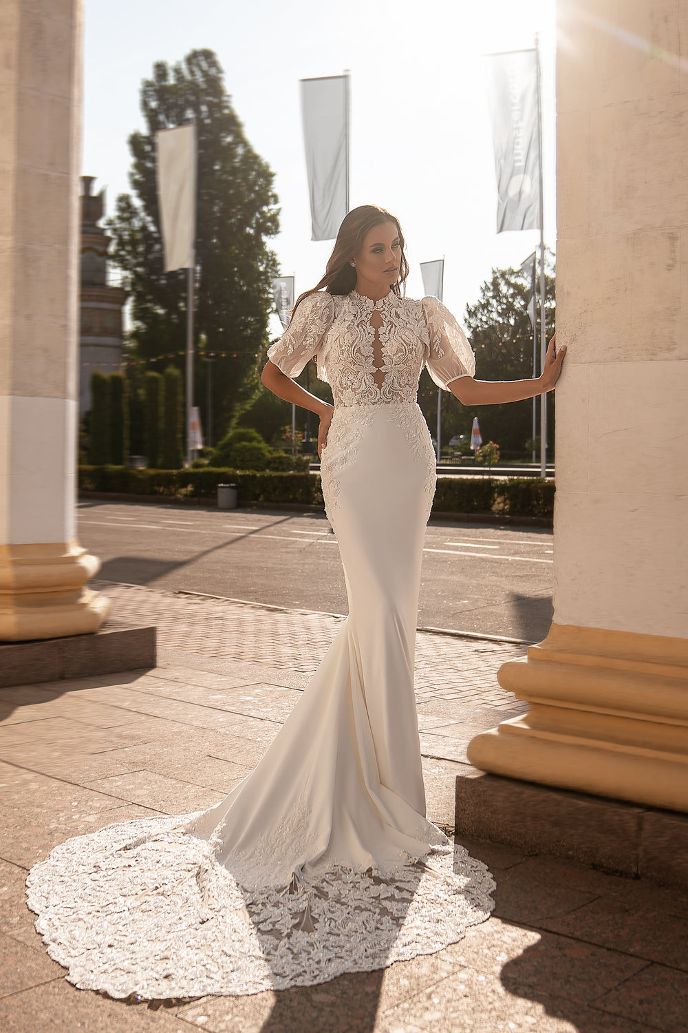 Luxurious Wedding Set - Mermaid Silhouette Gown with Removable Balloon Sleeves, Halter Neckline, Guipure Embroidery & Beads, Sequins & Crystals, Tulle Train