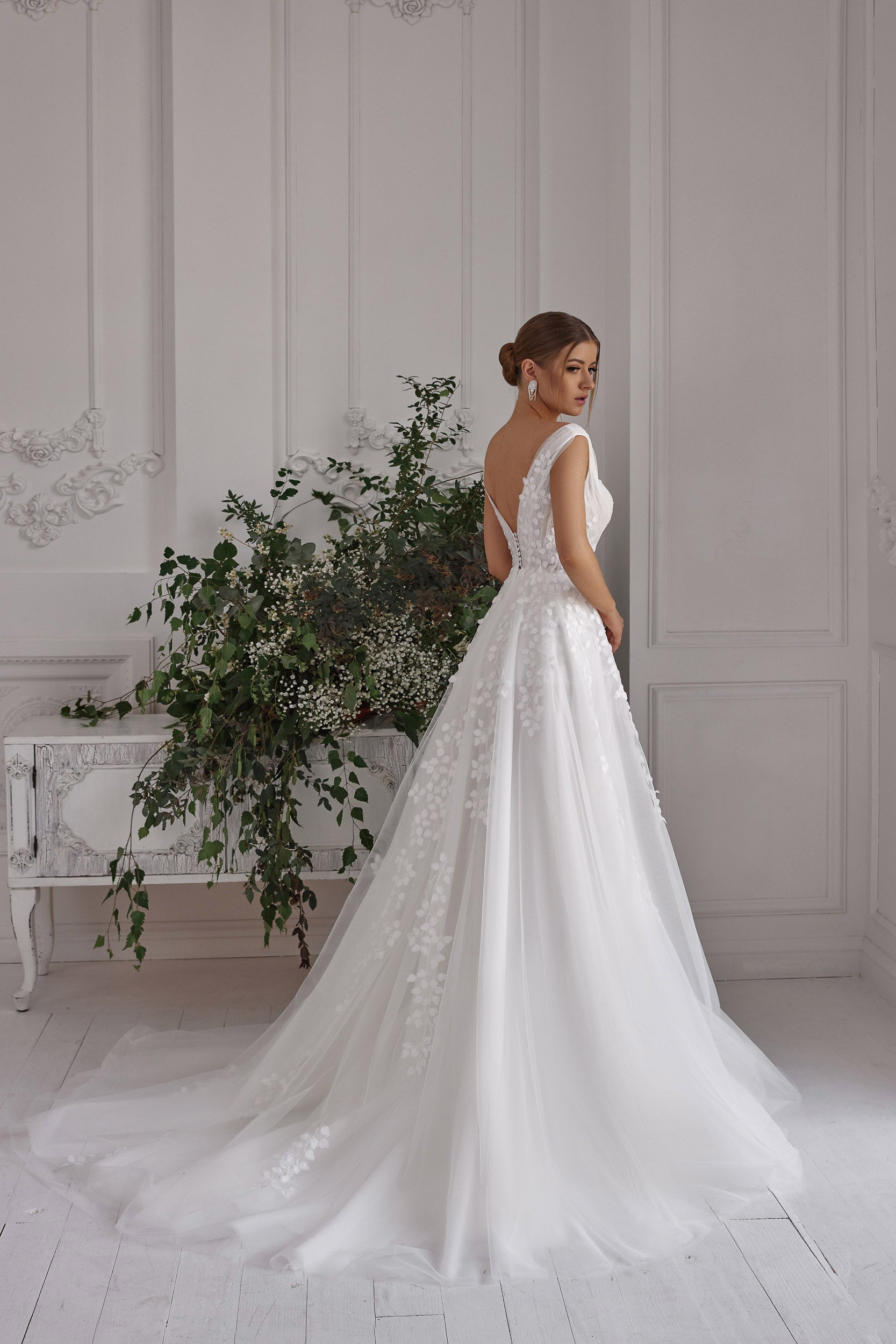 A-Line Wedding Dress with 3D Floral Appliqués