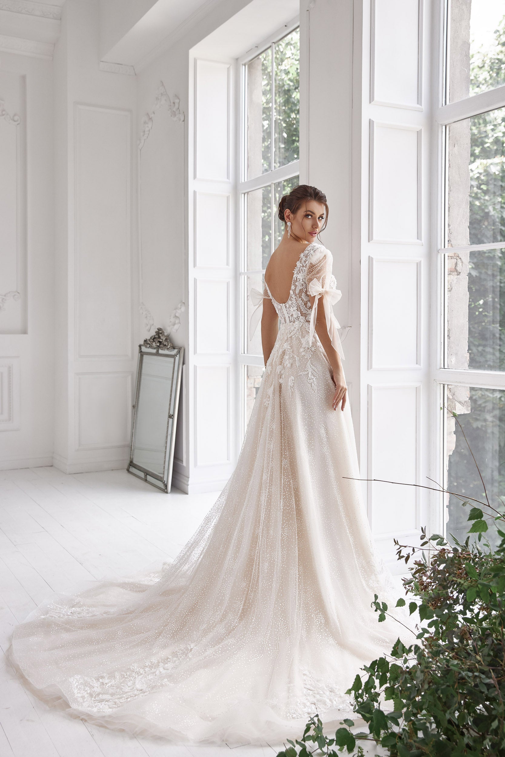 A-Line Wedding Dress with Floral Lace and Puff Sleeves