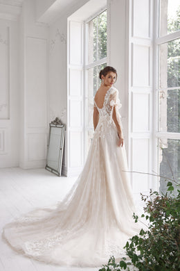 A-Line Wedding Dress with Floral Lace and Puff Sleeves