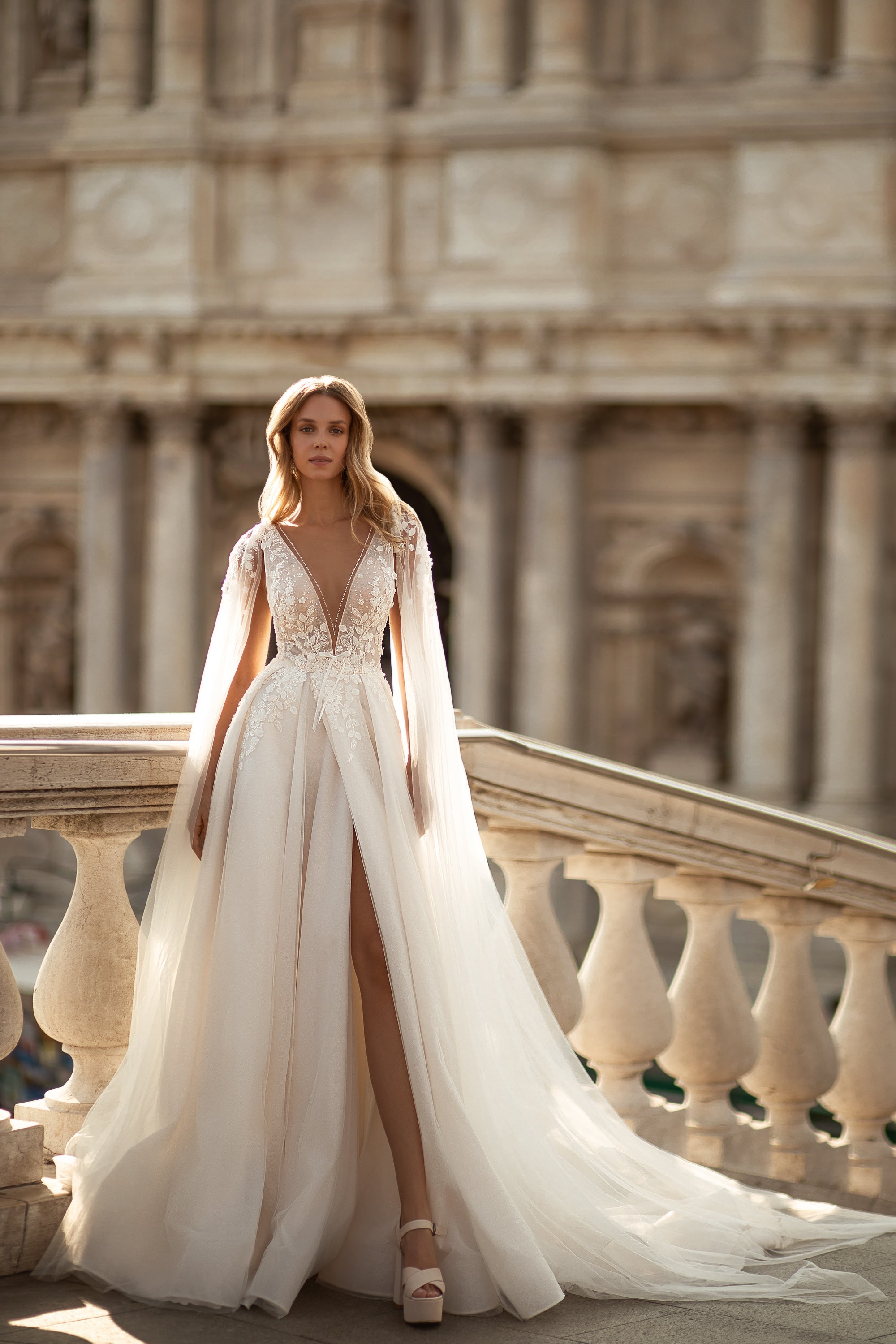 Elegant A-Line Wedding Dress with Tulle Long Wings, Beaded Deep V-Neck and Buttons Back