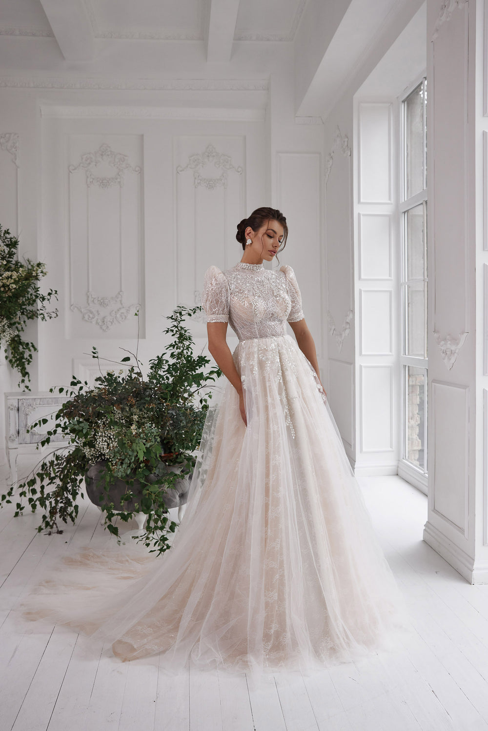 Exquisite Ball Gown Wedding Dress With Lace Appliqués, Beading, Puff Sleeves, Illusion High Neck, Lace Overlay, Tulle Skirt, Cathedral Train