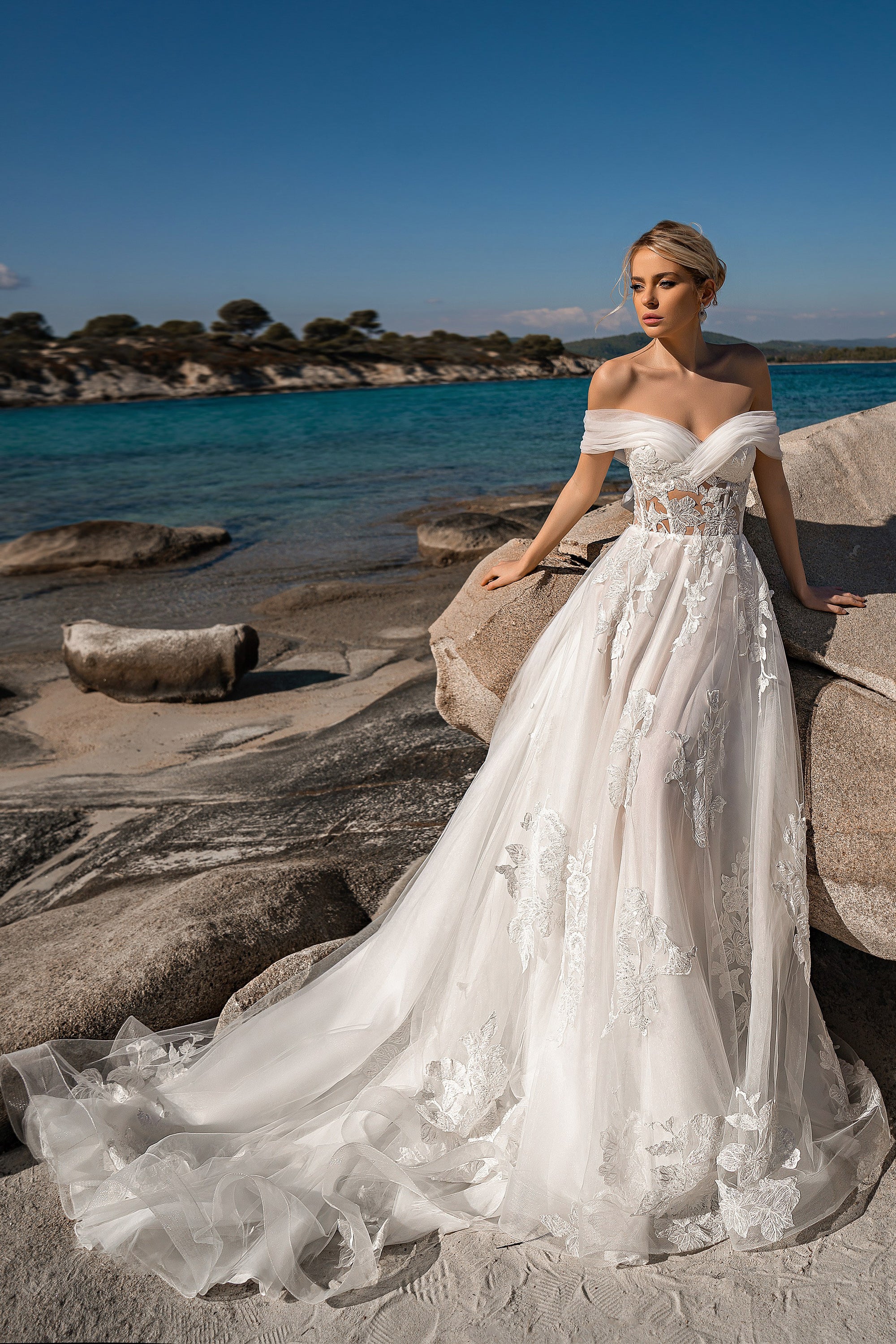 Off-Shoulder A-Line Wedding Dress with Floral Lace Appliqués