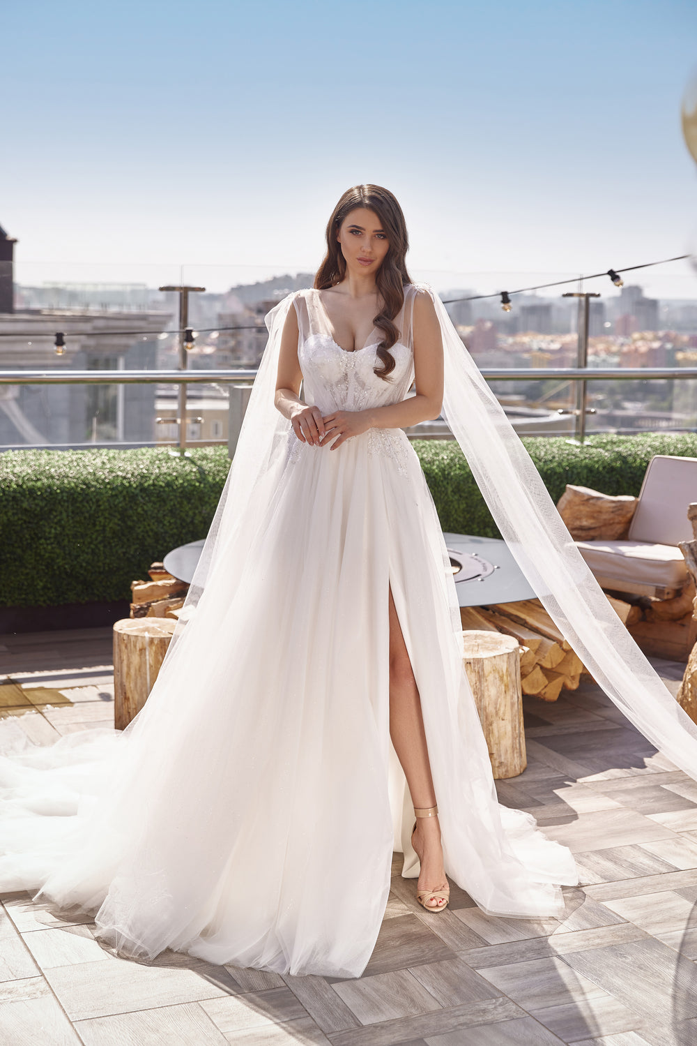 A-Line Wedding Dress with Lace Appliques and Beading, Sweetheart Neckline, Cape Sleeves, Satin and Tulle Overlay, Cathedral Train, Romantic