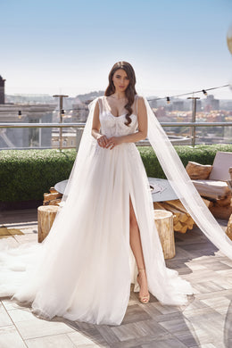 A-Line Wedding Dress with Lace Appliques and Beading, Sweetheart Neckline, Cape Sleeves, Satin and Tulle Overlay, Cathedral Train, Romantic