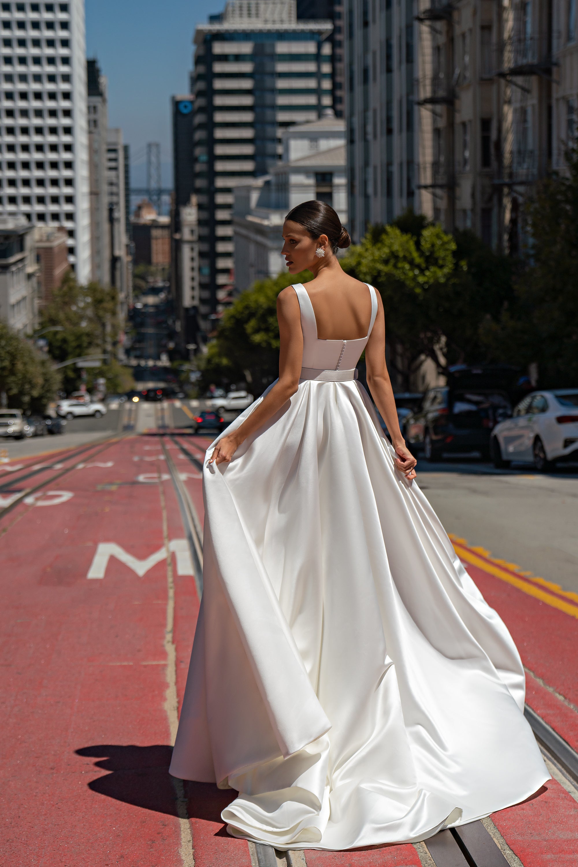 Satin A-Line Wedding Dress with Detachable Lace Sleeves