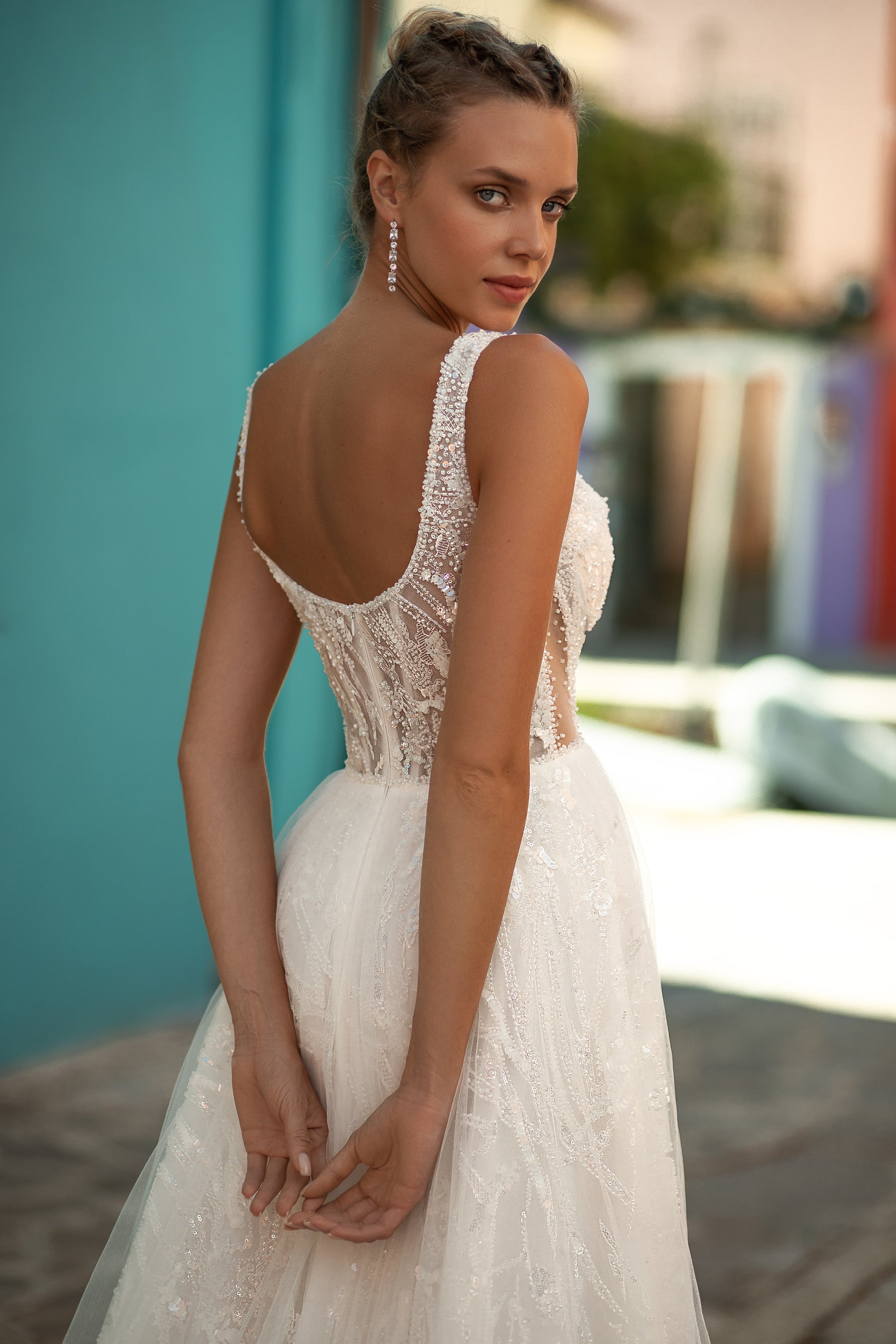 Gorgeous A-Line Wedding Dress with Light Tulle, Zipper Back, Low Back, Transparent Corset, Straps, and Sparkle Lace
