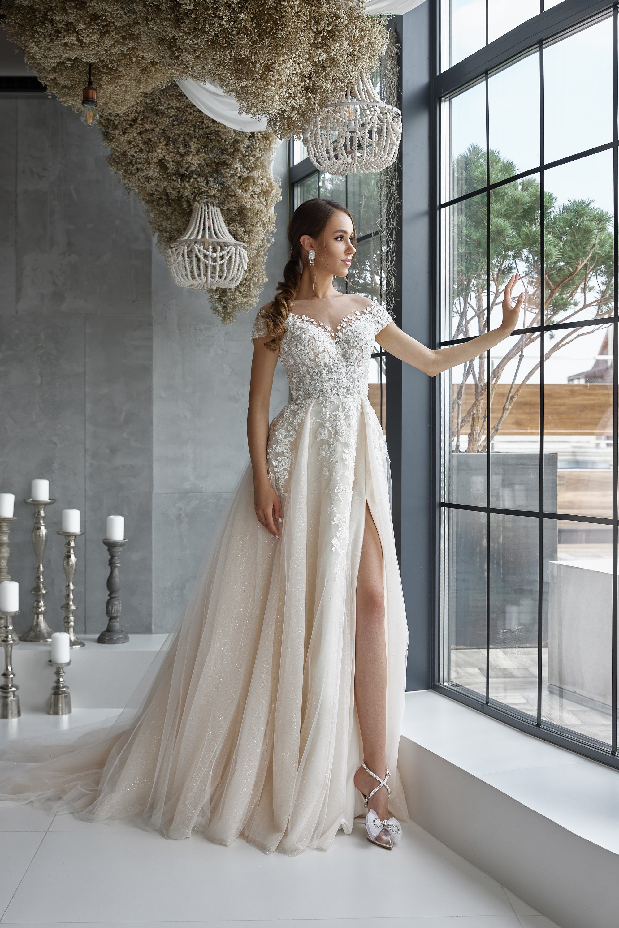 Romantic A-Line Wedding Dress With Lace Appliqués And Beading On Bodice, Off-The-Shoulder Neckline, Tulle Skirt And Cathedral Train