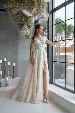 Romantic A-Line Wedding Dress With Lace Appliqués And Beading On Bodice, Off-The-Shoulder Neckline, Tulle Skirt And Cathedral Train