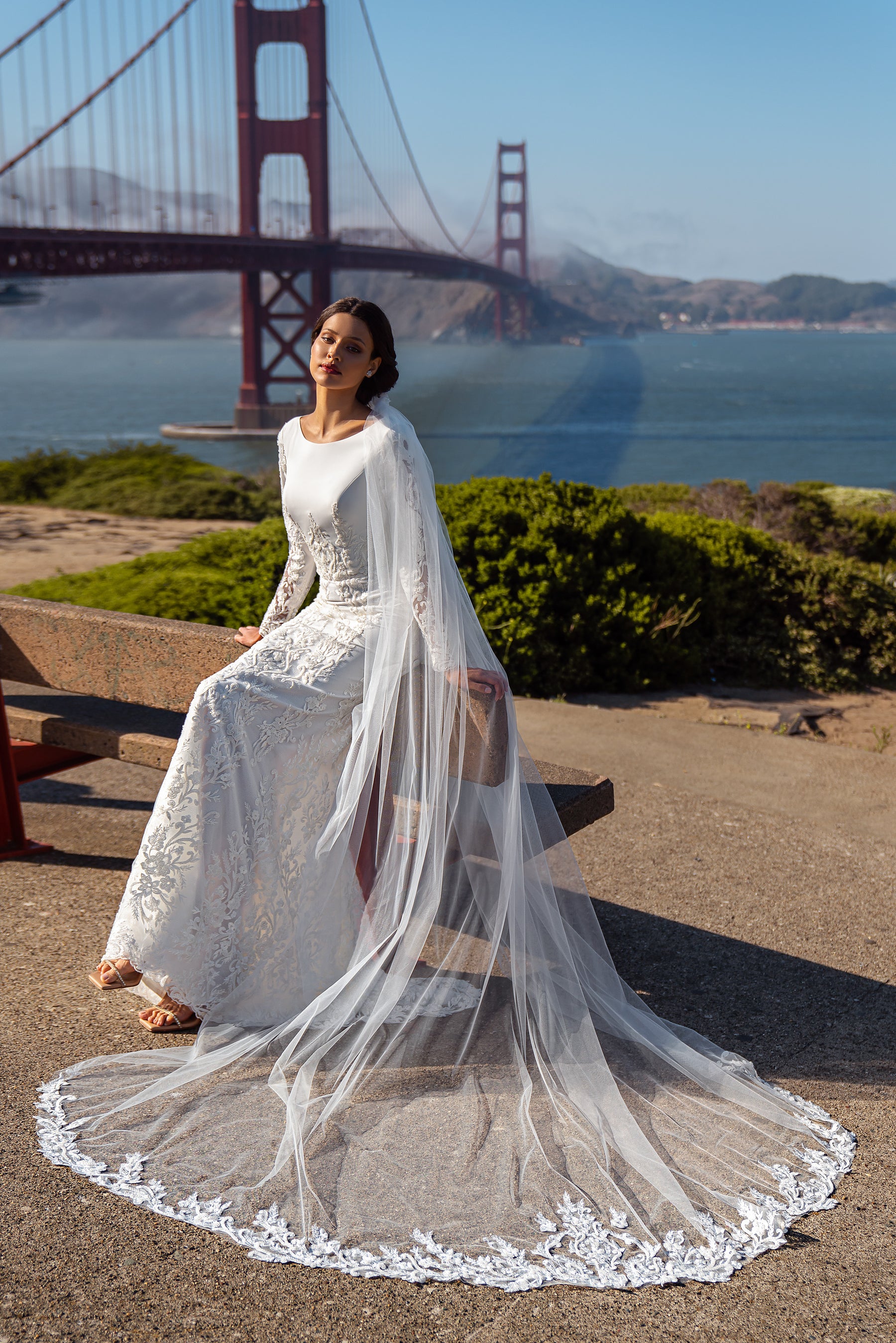 Sheath Wedding Dress with Long Lace Sleeves and Detachable Overskirt