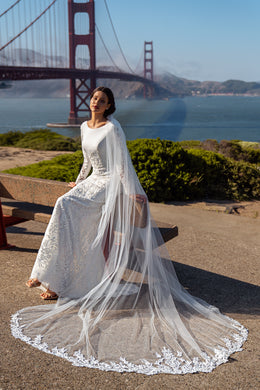 Sheath Wedding Dress with Long Lace Sleeves and Detachable Overskirt