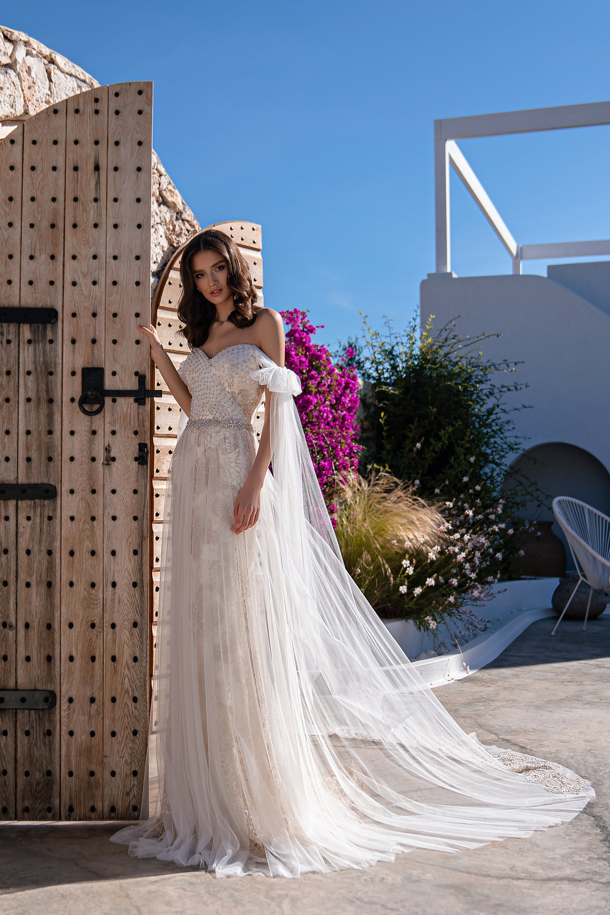 Champagne Beaded Sheath Wedding Dress with Tulle Bow Sleeves
