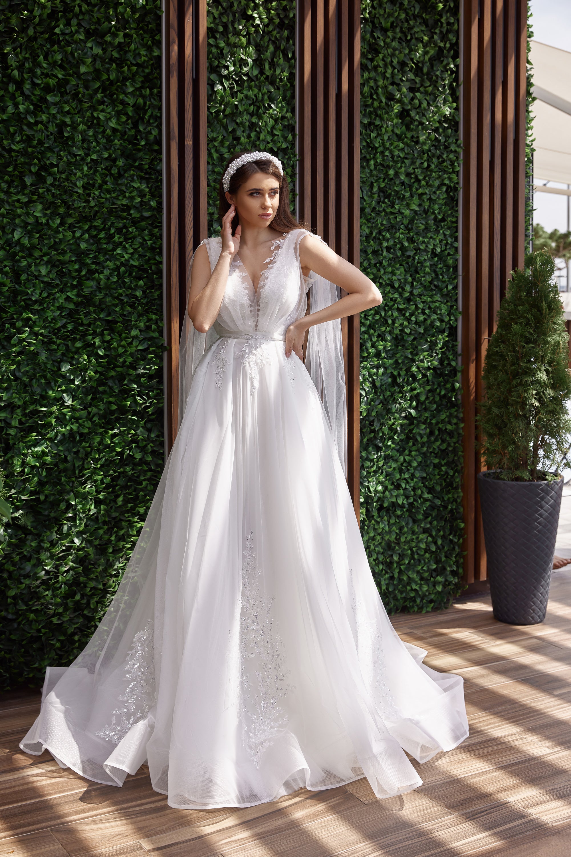 A-Line Wedding Dress With Lace Appliqués, Illusion V-Neck, Sleeveless, Tulle Skirt, Cathedral Train, Romantic Bridal Gown
