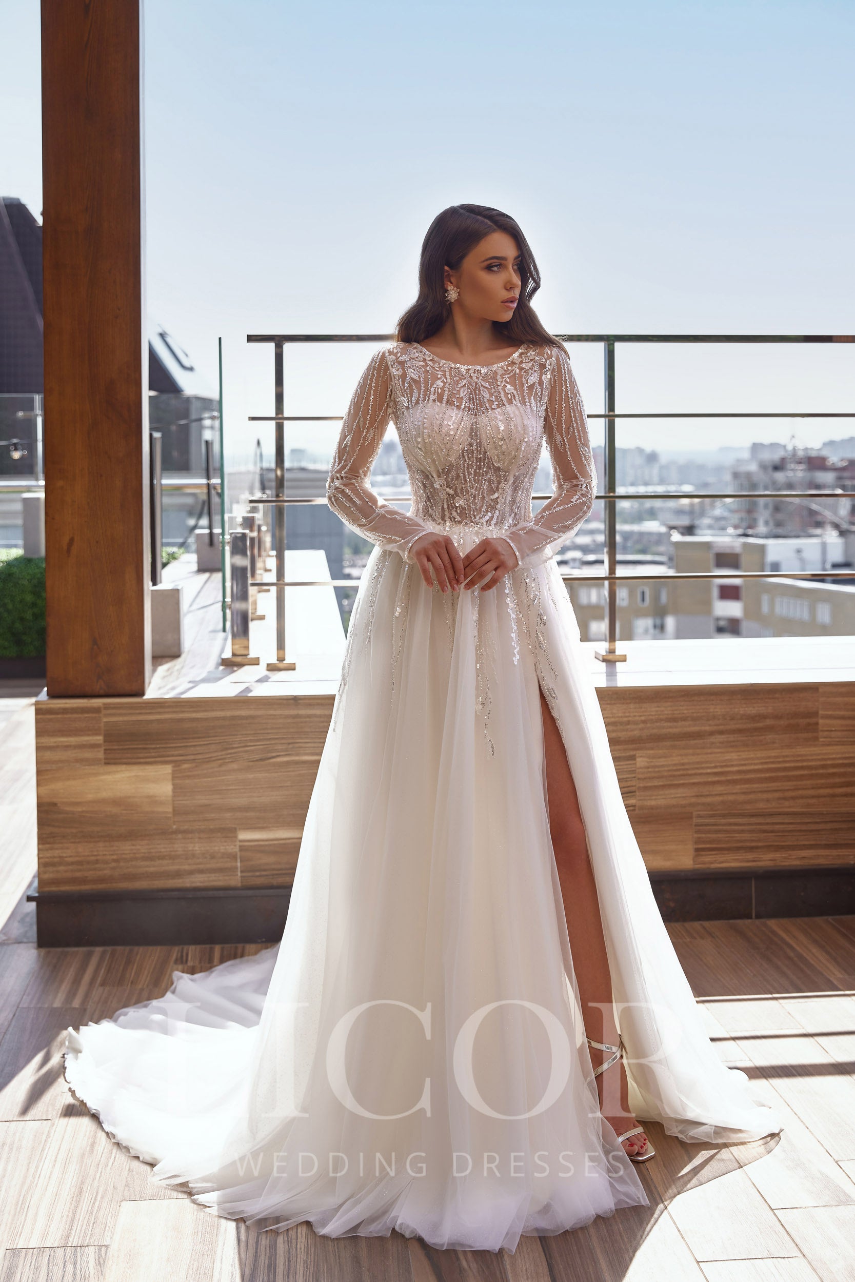 A-Line Wedding Dress With Tulle Skirt, Lace Appliqués And Beading, Illusion Long Sleeves, Cathedral Train