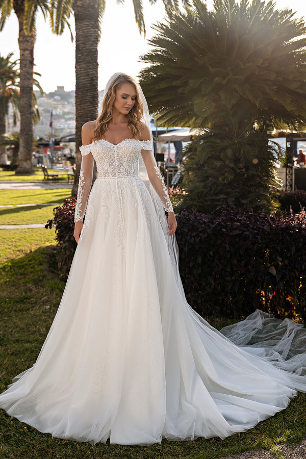 Beautiful Off-the-Shoulder Wedding Dress with Embroidered Guipure and Beads