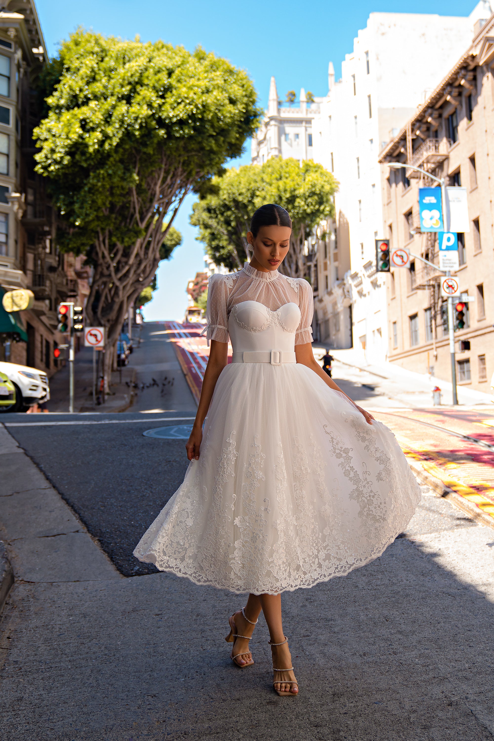 Tea Length A-Line Wedding Dress with Detachable Bolero