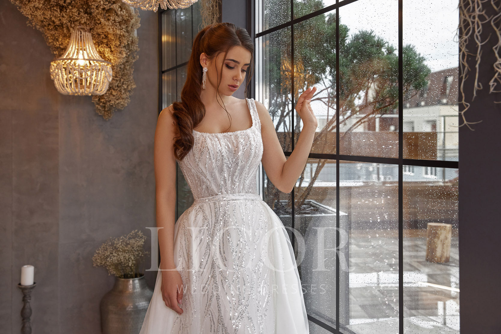 Sheath Wedding Dress, Square Neckline, Sleeveless, Tulle With Beading And Sequins, Embellished Bodice, Sweep Train, Floor-Length, Romantic